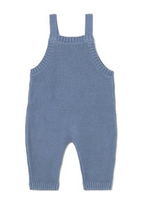 Gebreide blauwe algehele met schouderbanden, ronde halslijn en ribgebreide accenten aan de randen. Comfortabele, zachte textuur; losse pasvorm door de benen.