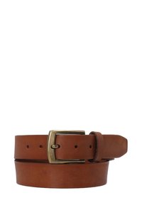 Brown leather belt with brass rectangular buckle, rolled with visible holes and a leather loop on a white background.