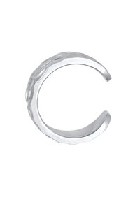 Sølv cuff-ring med en glat, poleret overflade og et struktureret, bølget design. Den åbne form gør det muligt at justere størrelsen.