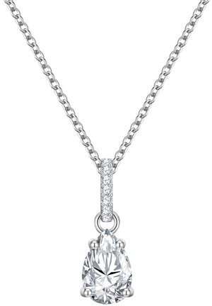Collana in argento con pendente in cristallo a forma di pera e una piccola pietra accentuante trasparente sopra di esso, che mette in evidenza una finitura lucida.