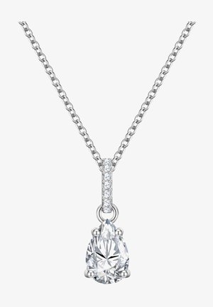 Collana in argento con pendente in cristallo a forma di pera e una piccola pietra accentuante trasparente sopra di esso, che mette in evidenza una finitura lucida.