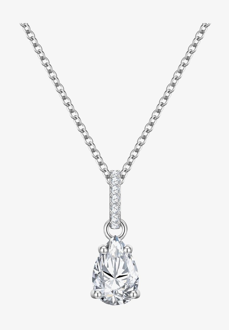 Hõbedane kettkaelakee, millel on pirnikujuline kristallpendant ja selle kohal väike selge aksentkivi, rõhutades poleeritud viimistlust.