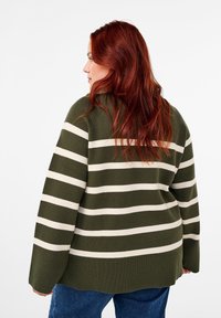 Maglione a righe verdi e crema con vestibilità comoda, orlo a coste e maniche larghe. Tessuto morbido, design di media lunghezza. Vista posteriore mostrata.