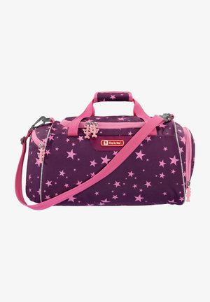 Duffle bag in purple fabric with pink star pattern. Features pink handles, adjustable strap, and accent charms on zipper pulls.