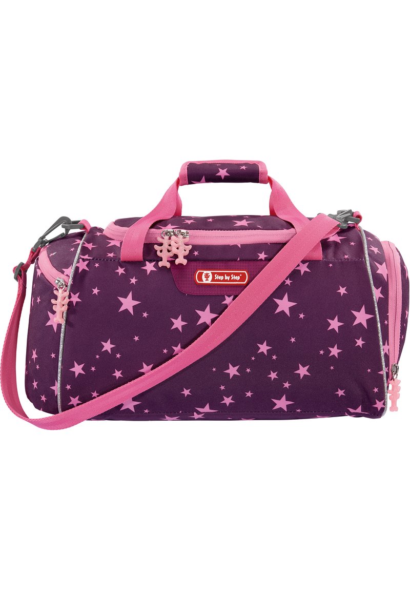 Borsa a tracolla in tessuto viola con motivo a stelle rosa. Presenta manici rosa, tracolla regolabile e charm decorativi sulle cerniere.
