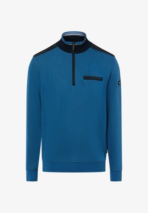 Blauer Sweatshirt mit Reißverschluss, gerippter Struktur, hohem Kragen und schwarzen Akzenten an Schultern und Brusttasche. Lange Ärmel.