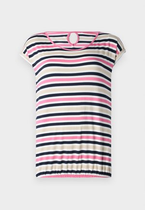 Tricou rayé cu mâneci scurte în bej, bleumarin, roz și alb; dispune de un decolteu rotund cu un deschidere în spate și margine plisată.