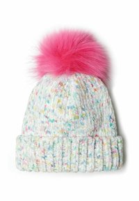 Berretto lavorato a maglia di colore bianco con melange multicolore, dotato di un pompon in pelliccia sintetica rosa sulla sommità e un polsino a coste. Texture morbida e design voluminoso.