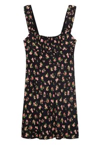 Musta hihaton mekko, jossa on röyhelökaulus ja kukkakuosi vaaleanpunaisena ja vihreänä läpi. Kevyt kangas, rento istuvuus.