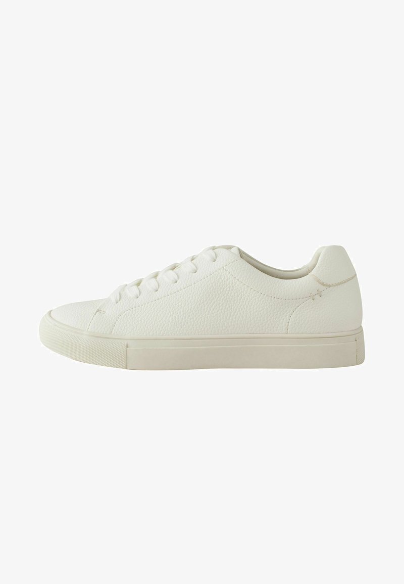 White leather sneaker with textured upper, round toe, six eyelets, and a flat rubber sole. Subtle stitching detail on the heel.