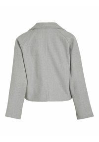 Šedá zkrácená bunda s límcem a dlouhými rukávy, vyrobená z texturované látky. Disponuje detaily raglánového rukávu a rovnými zádovými švy.