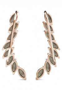 Orecchini in oro rosa con un design ispirato alle foglie, caratterizzati da accenti grigi alternati, forma allungata e texture metallica lucida.