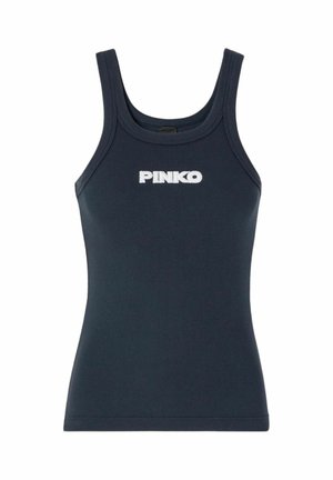 Top canotta blu navy a costine con spalline larghe e logo bianco "PINKO" al centro del petto.