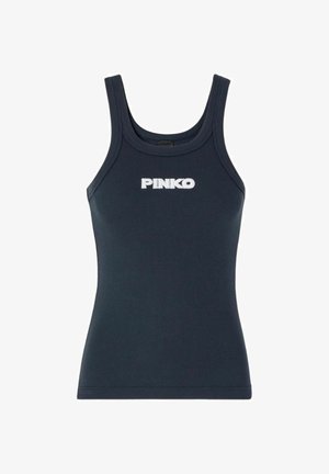 Top canotta blu navy a costine con spalline larghe e logo bianco "PINKO" al centro del petto.