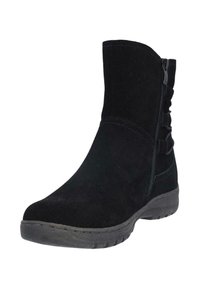 Botín de ante negro con puntera redonda, cremallera lateral y detalles decorativos en capas. Suela de goma flexible para mayor comodidad y durabilidad.