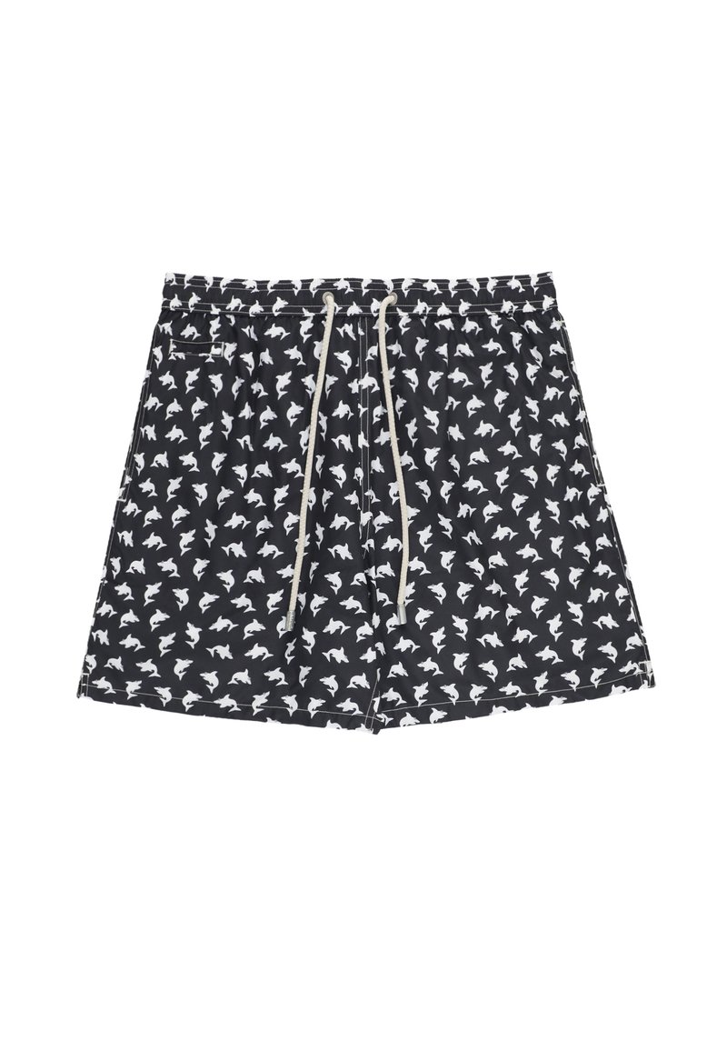 Pantaloni da bagno neri con un motivo a stampa animale bianca, fascia elastica in vita e cordino. Presenta una tasca laterale e un tessuto morbido e leggero.