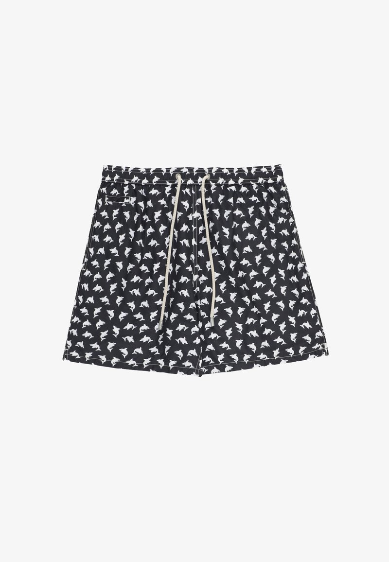 Pantaloni da bagno neri con un motivo a stampa animale bianca, fascia elastica in vita e cordino. Presenta una tasca laterale e un tessuto morbido e leggero.