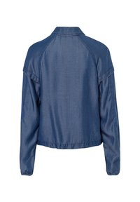 Denimjack met een kraag, raglanmouwen en een cropped lengte. Blauw stof met subtiele stikseldetails.