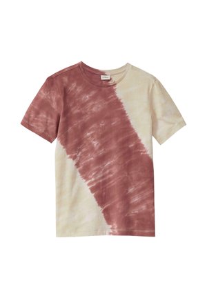 Bawełniana koszulka z krótkim rękawem z diagonalnym wzorem tie-dye w kolorze bordowym i beżowym oraz okrągłym dekoltem.