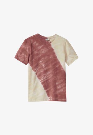 T-shirt en coton à manches courtes avec motif tie-dye diagonal bordeaux et beige et col rond.