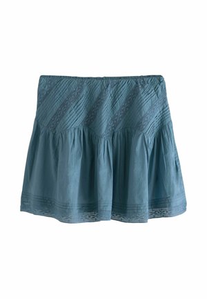 Blå plisseret nederdel med en flared design, tekstureret stof og blondekanter ved kanten. Elastisk talje for komfort.