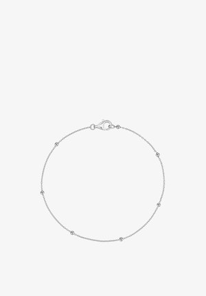 Srebrna narukvica s lancem koja sadrži male okrugle perle raspoređene po delikatnom lancu; zatvaranje s karabinom.