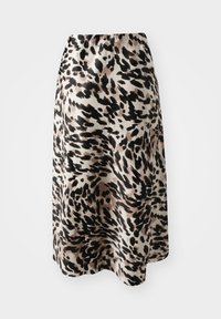 Leopardmønster midi-skjørt i beige, sort og brunt. Laget av et glatt, lett stoff med en flytende design og subtil glans.