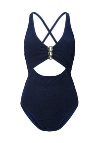 Tmavě modré jednodílné plavky s texturovanou tkaninou, s výstřihem do V, překříženými ramínky na zádech a třemi kovovými kroužky uprostřed.