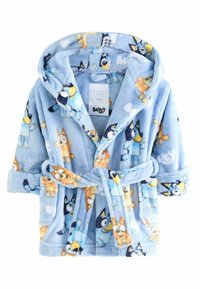 Accappatoio in pile blu per bambini con motivo a cartone animato di personaggi, comprensivo di accenti arancioni e blu, con cappuccio e cintura annodata.