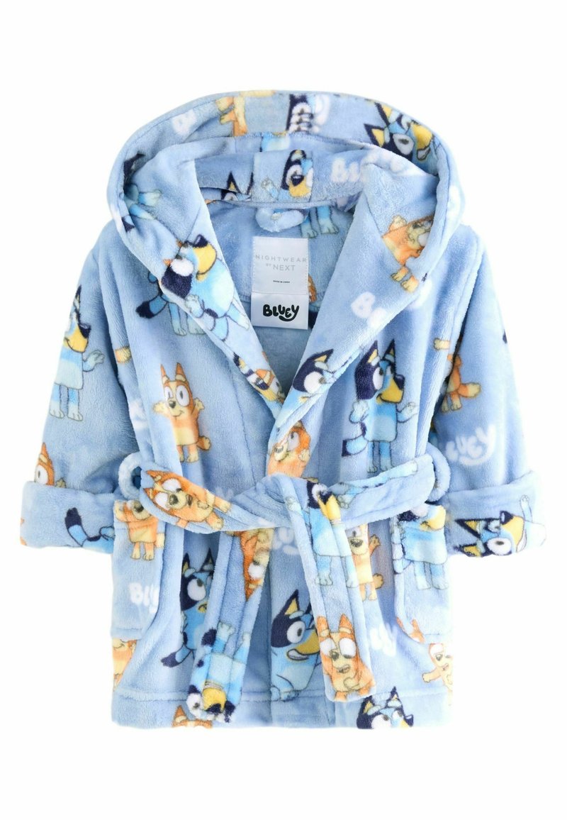 Accappatoio in pile blu per bambini con motivo a cartone animato di personaggi, comprensivo di accenti arancioni e blu, con cappuccio e cintura annodata.