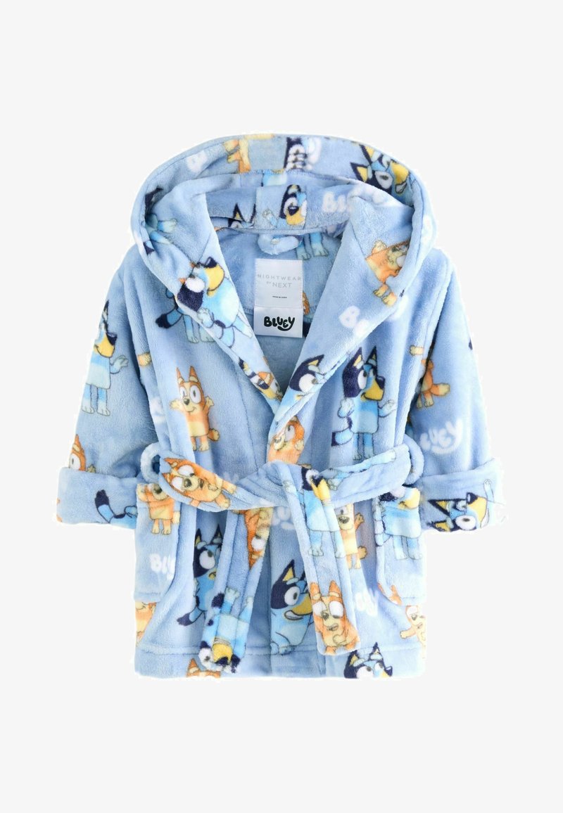 Fleece badekåbe i lys blå med tegneseriefigurer. Fastgørelse kappe og bælte. Blød tekstur med farverige mønstre over det hele.