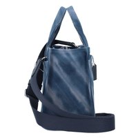 Rectangular blue bag made of textured fabric. Features dual top handles, a detachable strap, and silver hardware. Zipper closure visible.