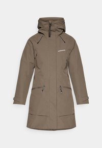 Hnedá dlhá nepremokavá parka s kapucňou, nastaviteľnými manžetami, dvoma prednými vreckami na zips a bočnými ventilačnými zipsami, na hrudi značková "Didriksons".