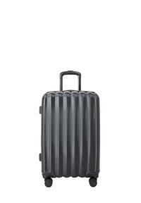 Twarda walizka w ciemnoszarym kolorze z ryflowaną teksturą. Posiada wysuwaną rączkę i cztery koła dla łatwego poruszania się.