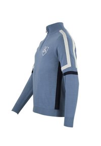 Pull-over tricoté bleu avec un col montant, présentant des rayures blanches contrastantes sur les manches et un petit logo sur la poitrine.