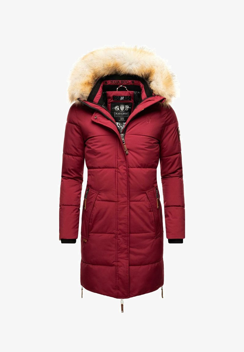 Red padded parka jacket with a fur-lined hood, two front zip pockets, and zippers at the cuffs. It features a water-resistant fabric and quilted design.