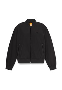 Black bomber jacket with a zip front, ribbed cuffs and hem, side pockets, and a small logo on the left chest. Smooth material, casual design.