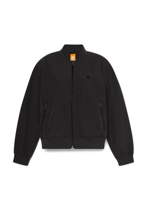 Schwarze Bomberjacke mit einem Reißverschluss vorne, gerippten Bündchen und Saum, seitlichen Taschen und einem kleinen Logo auf der linken Brust. Glattes Material, lässiges Design.
