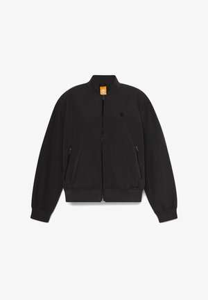 Black bomber jacket with a zip front, ribbed cuffs and hem, side pockets, and a small logo on the left chest. Smooth material, casual design.