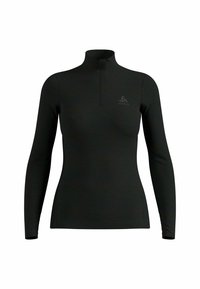 Schwarzes Langarm-Sportoberteil für Frauen mit Viertelreißverschluss und hohem Kragen, versehen mit einem kleinen Logo auf der linken Brust.