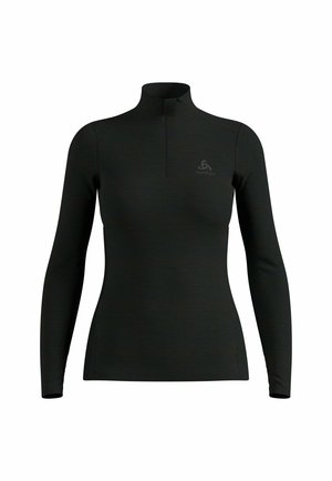 Zwarte lange mouwen dames sporttop met kwartrits en hoge kraag, voorzien van een klein logo op de linkerborst.
