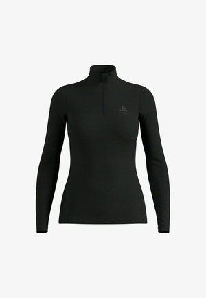 Zwarte lange mouwen dames sporttop met kwartrits en hoge kraag, voorzien van een klein logo op de linkerborst.