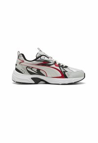 Men's athletic sneaker in silver, black, and red; mesh and synthetic upper with curved accents; thick white midsole; black rubber outsole.