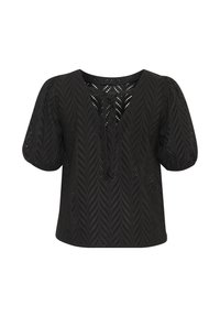 Black short-sleeve top made of textured, patterned fabric with a leaf design. Features a V-neckline and a tie detail at the front.