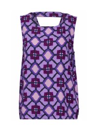 Top senza maniche di colore viola con un motivo geometrico in rosa e bordeaux. Scollatura quadrata. Tessuto leggero, vestibilità rilassata.
