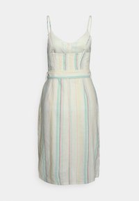 Ljusfärgad klänning med spaghetti-band, med en smockad överdel och vertikala ränder i pastellfärgerna rosa, blått och gult.