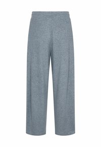 Grå vida byxor gjorda av mjukt, strukturerat tyg med en melerad mönster. Har en elastisk midja för komfort.