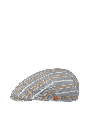 Flat cap with beige, white, and gray vertical stripes and a small round red logo badge on the side.