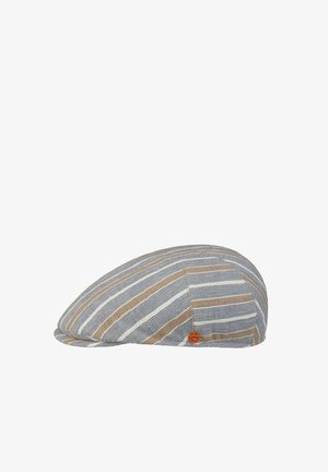 Flat cap with beige, white, and gray vertical stripes and a small round red logo badge on the side.