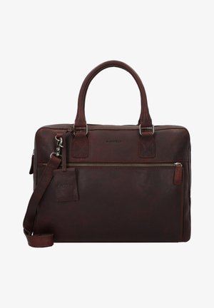 Malette en cuir marron avec poignées doubles, bandoulière amovible, poche zippée à l'avant et logo. Texture lisse avec une finition brillante.